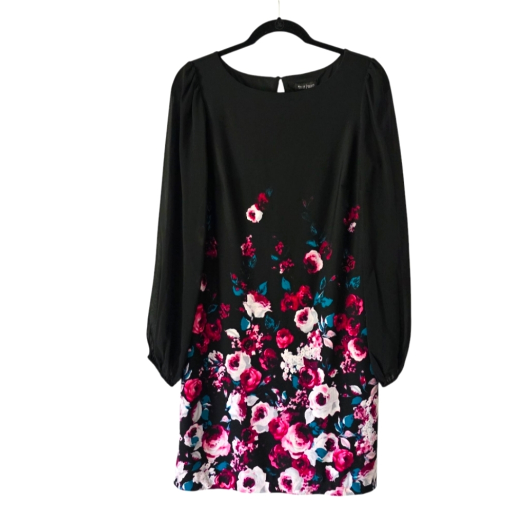 White House Black Market Black Floral Print Long Sheer Sleeve Dress Size 8